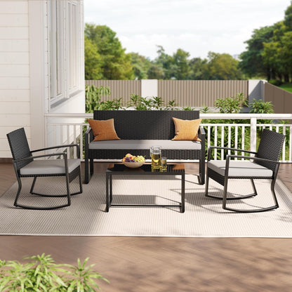4 Piece Outdoor Patio Furniture Set, Wicker Patio Furniture with Glass Coffee Table, Rocking Wicker Bistro Set, for Backyard, Poolside, Porch (Grey)