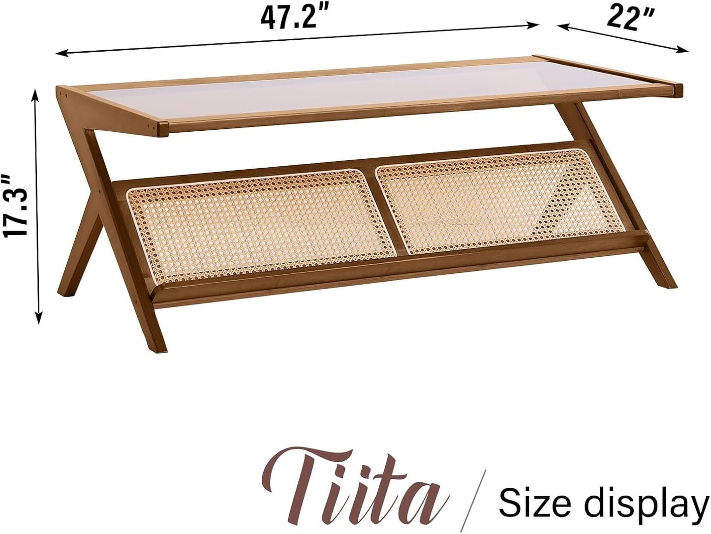 Rattan Coffee Table, Bamboo Accent Bedside Tables, Glass Nightstand Side Table, Boho Wooden End Table with Storage for Living Room,Living Room, Dining Room, Tea, Home Décor