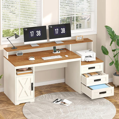 Farmhouse Computer Desk with Drawers, 65'' Home Office Desk with Power Outlets, Storage Cabinet and Printer Stand, Study Writing Desks with Long Monitor Stand, Brown and White