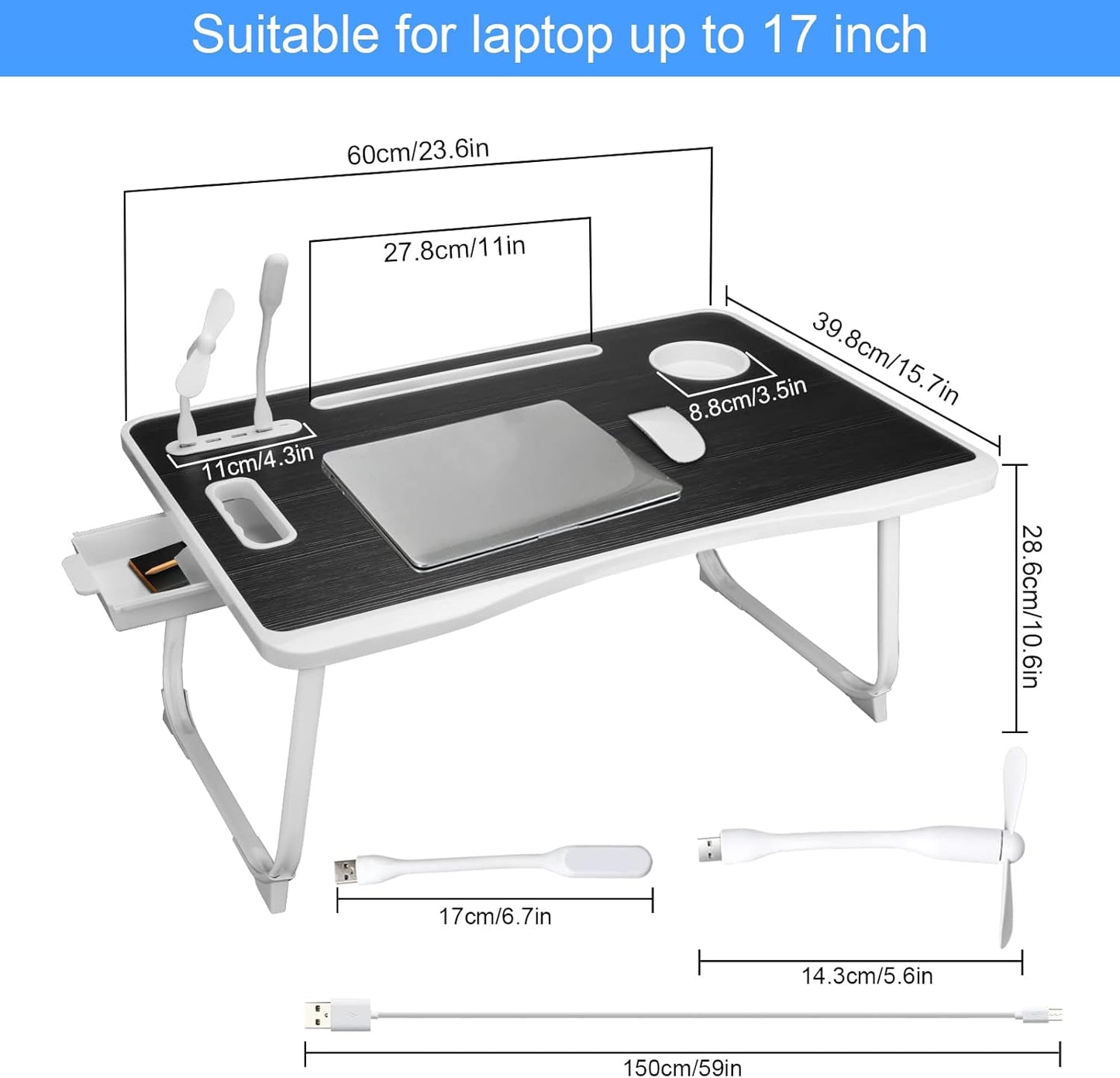 Laptop Bed Table, Laptop Desk for Bed, Foldable Laptop Bed Desk with USB Charge Port, Handle, Desktop Card Slot, Cup Slot, Side Drawer, Portable Laptop Table for Bed Eating Reading Working