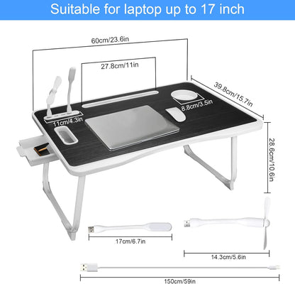 Laptop Bed Table, Laptop Desk for Bed, Foldable Laptop Bed Desk with USB Charge Port, Handle, Desktop Card Slot, Cup Slot, Side Drawer, Portable Laptop Table for Bed Eating Reading Working