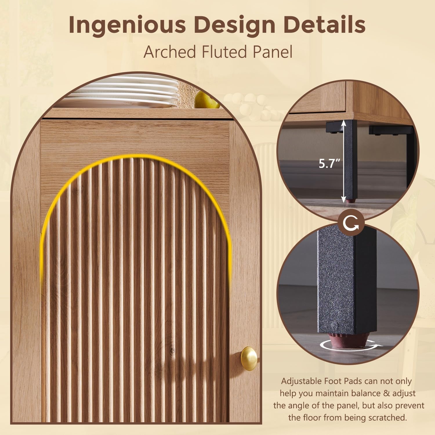 Modern Buffet Cabinet with Storage, 61.75" W Fluted Arched Sideboard Cabinet W/Adjustable Shelves, Wooden Modular Coffee Bar for Dining Room, Kitchen, Living Room, Entryway, Natural