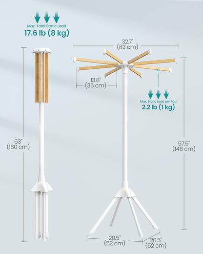 Clothes Drying Rack, with Bamboo Hanging Rods, Foldable Metal Laundry Rack, Space-Saving, Free-Standing Airer, Indoor Use, White and Natural ULLR516W01