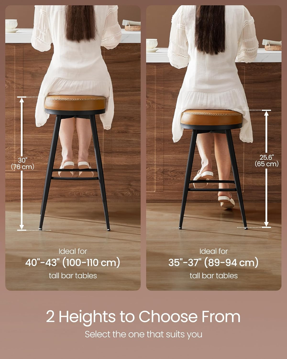 EKHO Collection - Swivel Bar Stools Set of 2, Bar Height Backless Bar Stools, Synthetic Leather with Stitching, Mid-Century Modern, 30-Inch Tall Kitchen Barstools for Home Bar, Caramel Brown