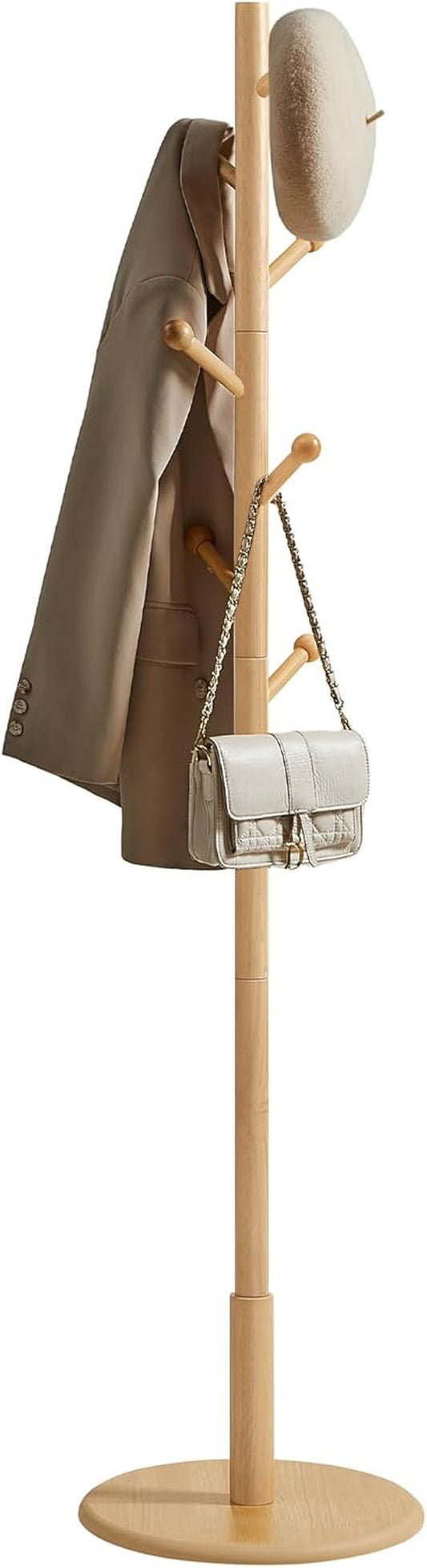 Solid Wood Coat Rack, Free Standing Hall Coat Tree with 7 Hooks, 3 Height Options, for Coats, Hats, Bags, Purses, for Entryway, Hallway, Rubberwood Hooks and Pole, Natural Beige URCR007N01