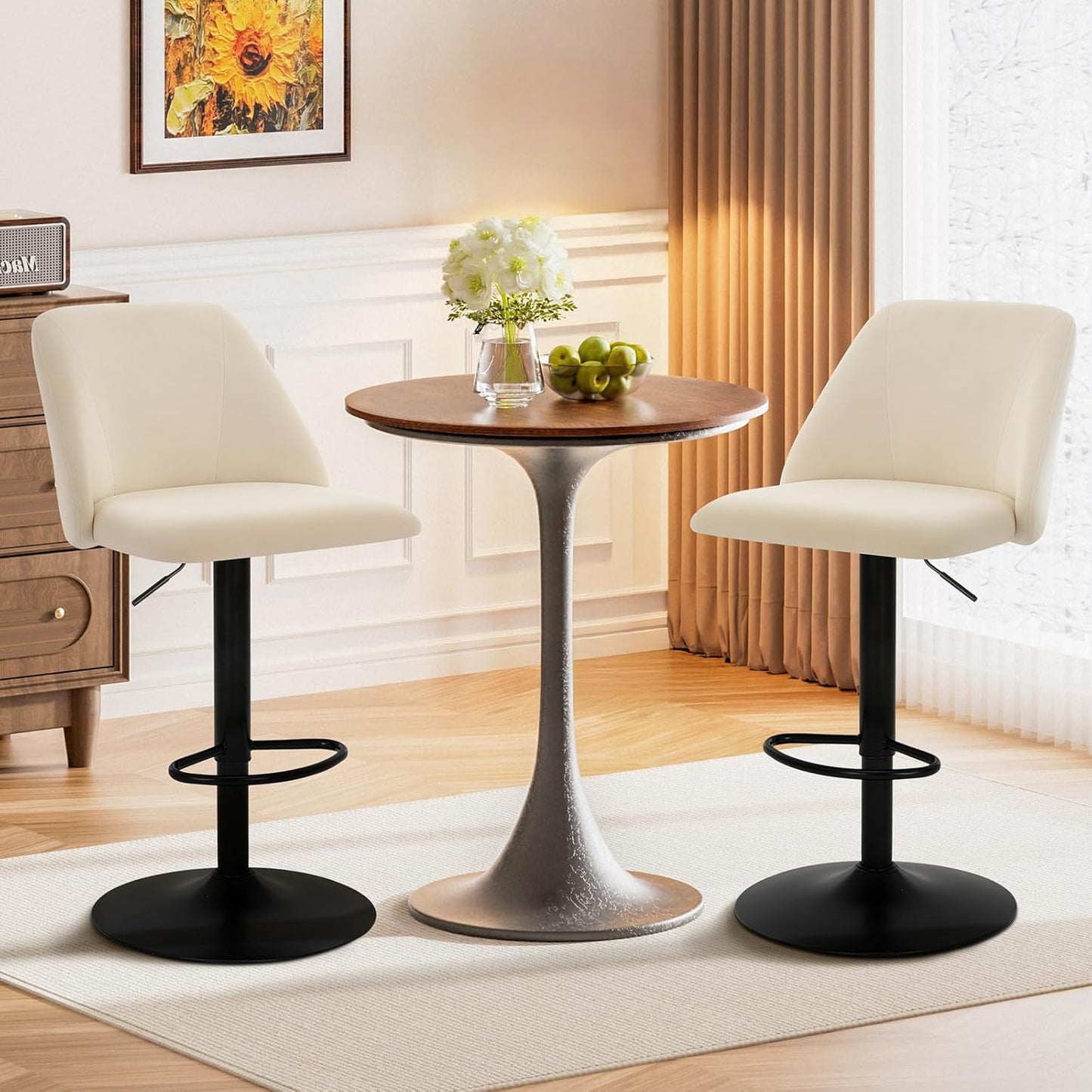 Bar Stools Set of 3, Modern Swivel Bar Chairs, Adjustable Upholstered Barstools Counter Height with Full Backrest for Bar, Dining Room, Kitchen Island, Beige