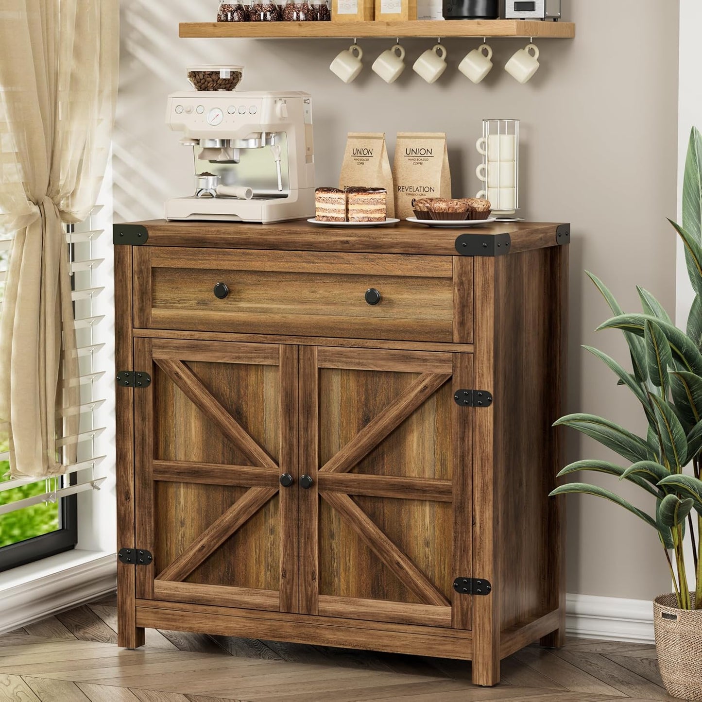 Coffee Bar and Accent Cabinet, Farmhouse Barn Door Buffet Sideboard with Drawer and Adjustable Shelf, Wide Desktop for Kitchen, Dining Room, Bathroom, Entryway, Brown