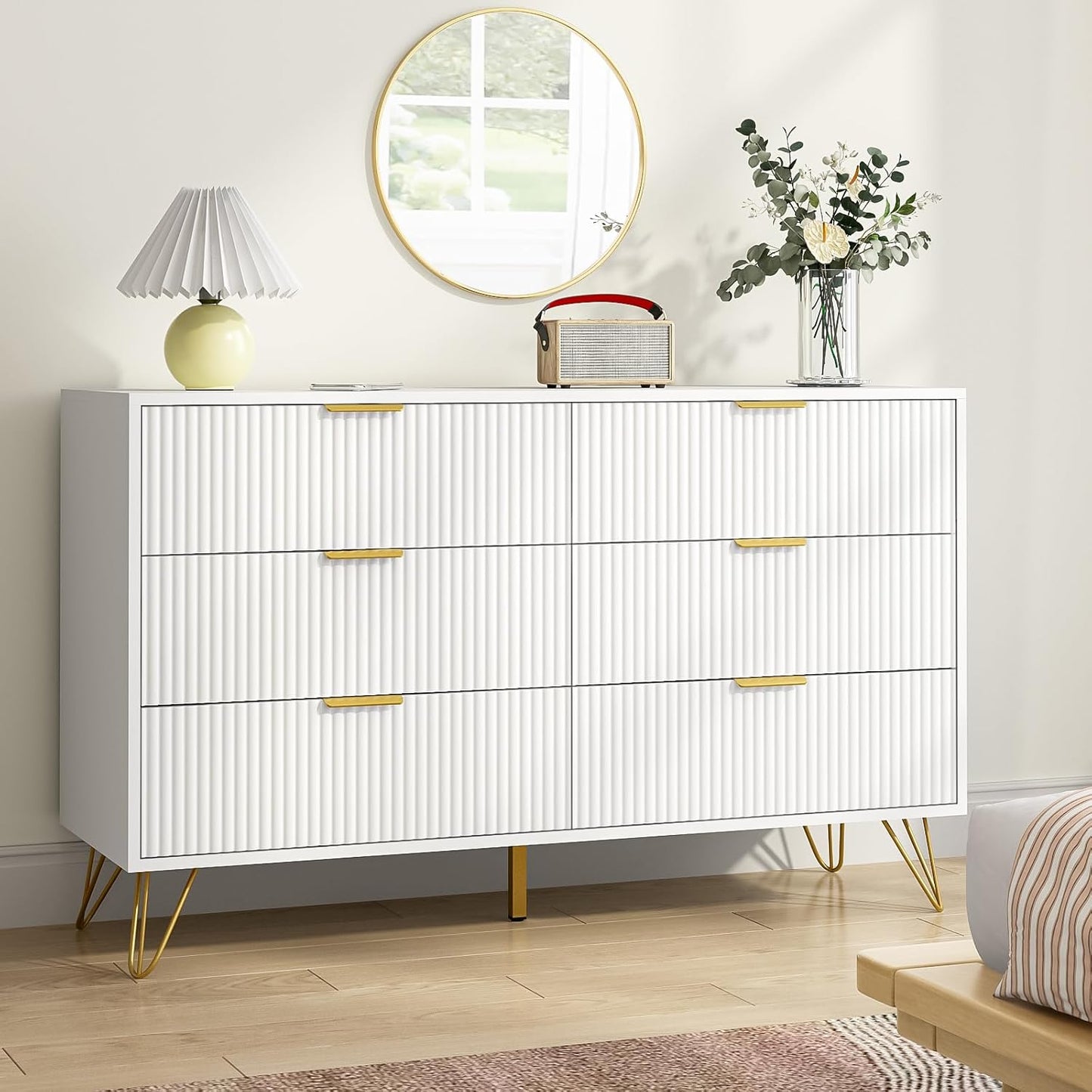 White 6 Drawer Dresser with Golden Handle, Fluted Wood Dressers, Modern Chest for Bedroom, Living Room, Hallway, Entryway