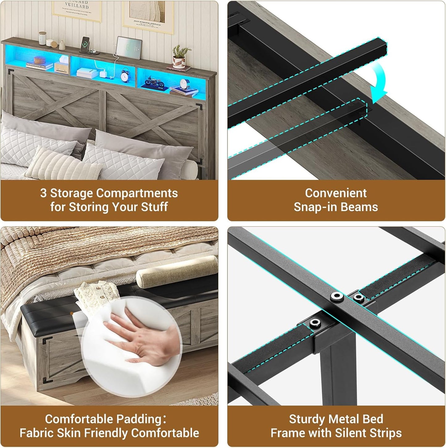 Queen Size Bed Frame with Storage Ottoman, Farmhouse Bed Frame with Charging Station and Led Light, Headboard with Storage Rack, Metal Slats, No Noise Design, No Box Spring Needed,Oak Grey