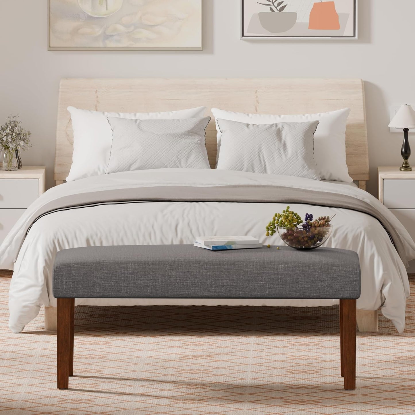 Bench for Bedroom End of Bed, 44 Inch Entryway Bench for Living Room, Dining Bench with Padded Seat and Solid Wood Leg for Kitchen, Indoor and Hallway (Brown)