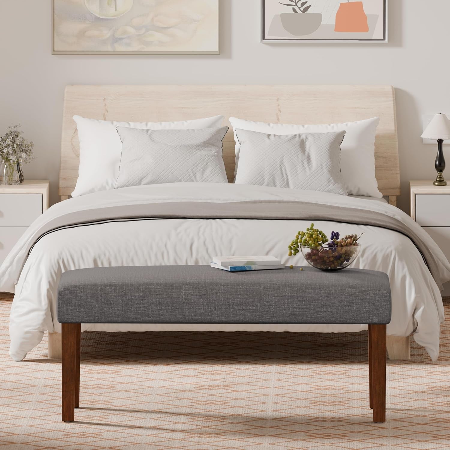 Bench for Bedroom End of Bed, 44 Inch Entryway Bench for Living Room, Dining Bench with Padded Seat and Solid Wood Leg for Kitchen, Indoor and Hallway (Brown)