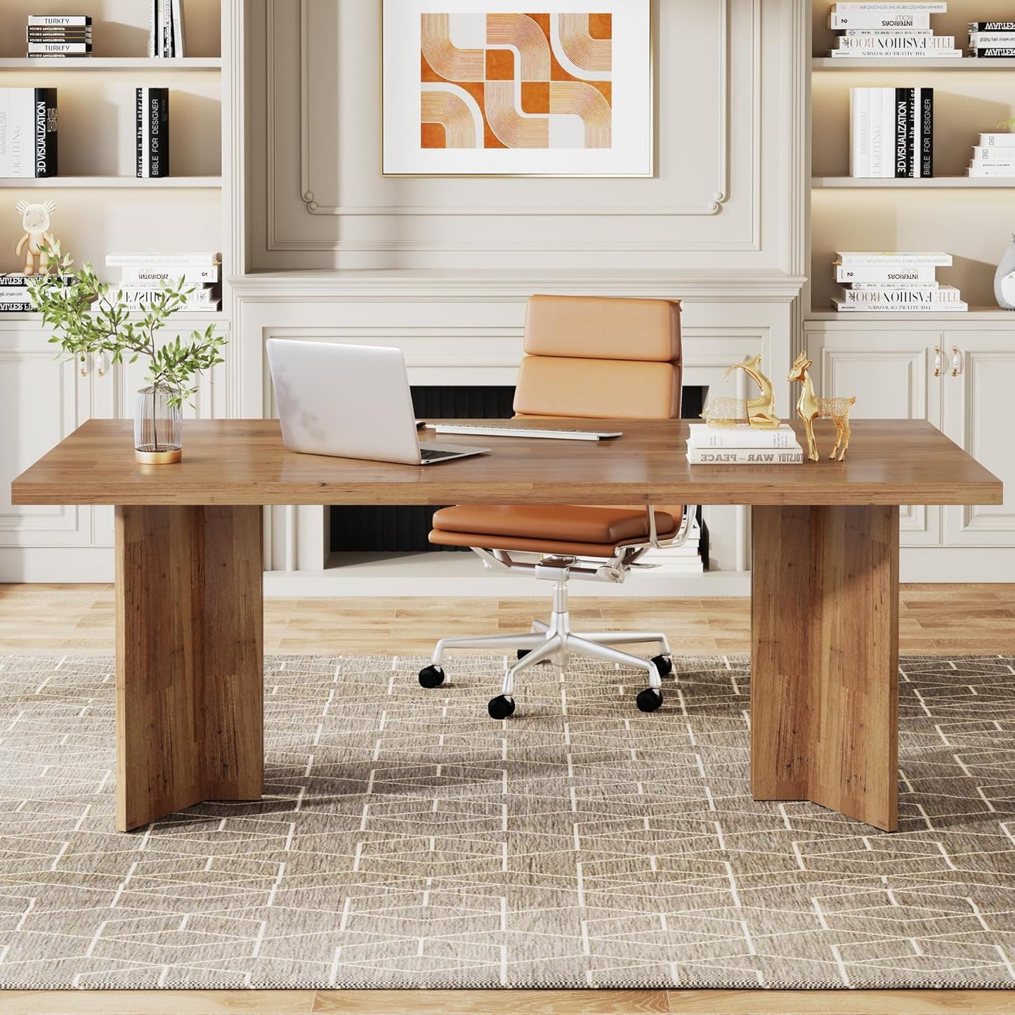 63-Inch Executive Desk, Vintage Home Office Computer Desk with Large Tabletop, Farmhouse Wood Writing Conference Table Workstation for Office, Study, Walnut Brown