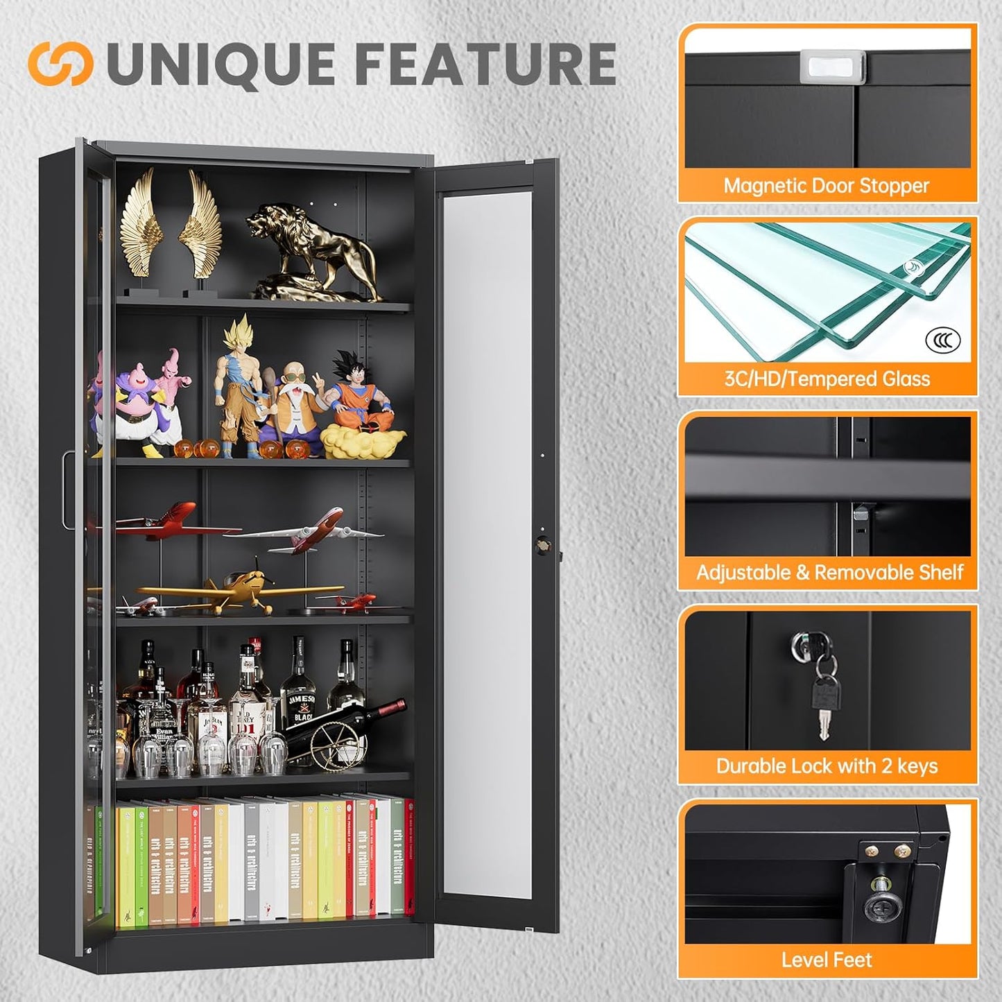 Glass Display Cabinet with Lock, 67”H Metal Curio Cabinets with Glass Door, Locking Liquor Caninet Display Case for Home, Collectibles, Clinic, Living Room - Assembly Required