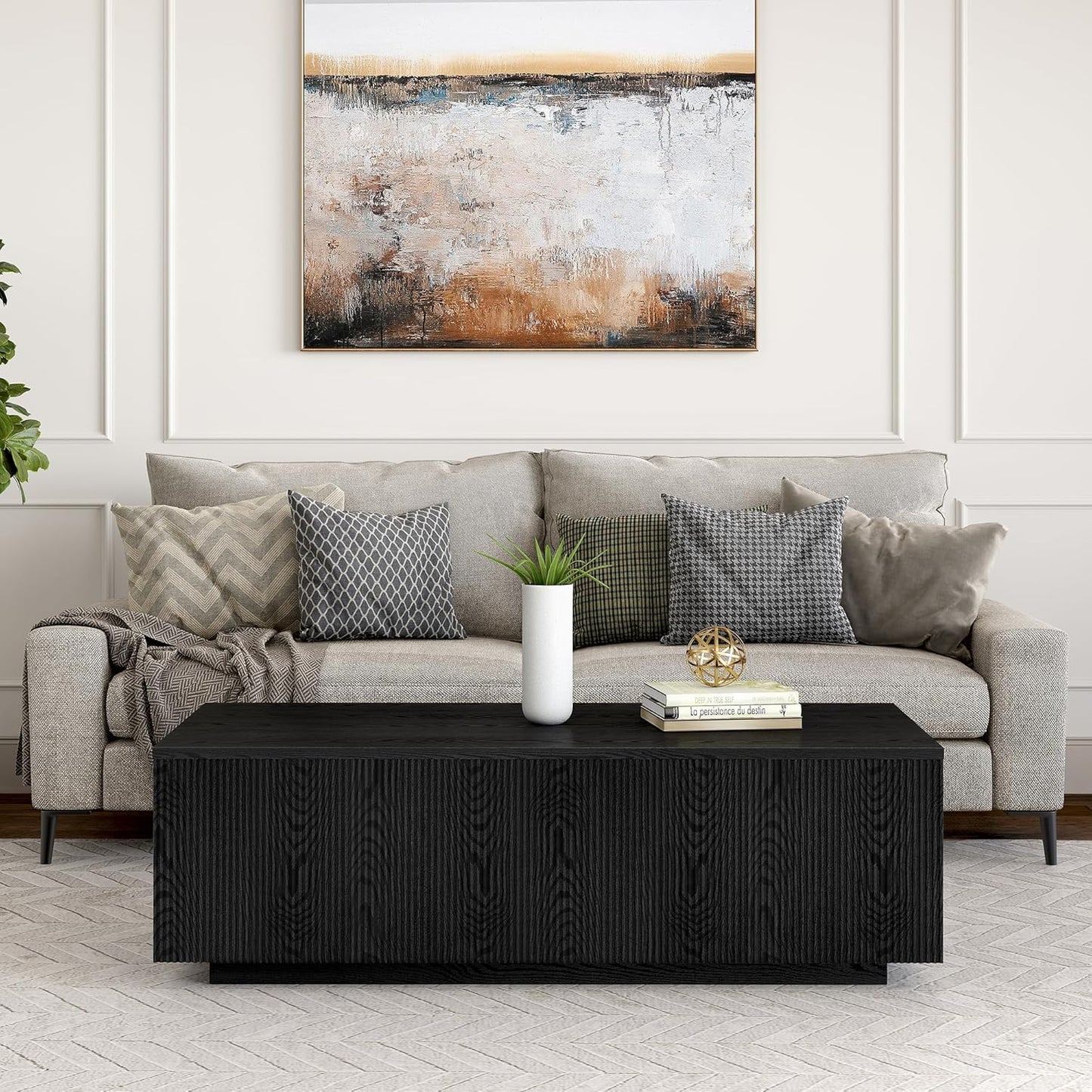48" Fluted Rectangular Low-Profile Coffee Table for Living Room, Family Room, or Office, Black Grain