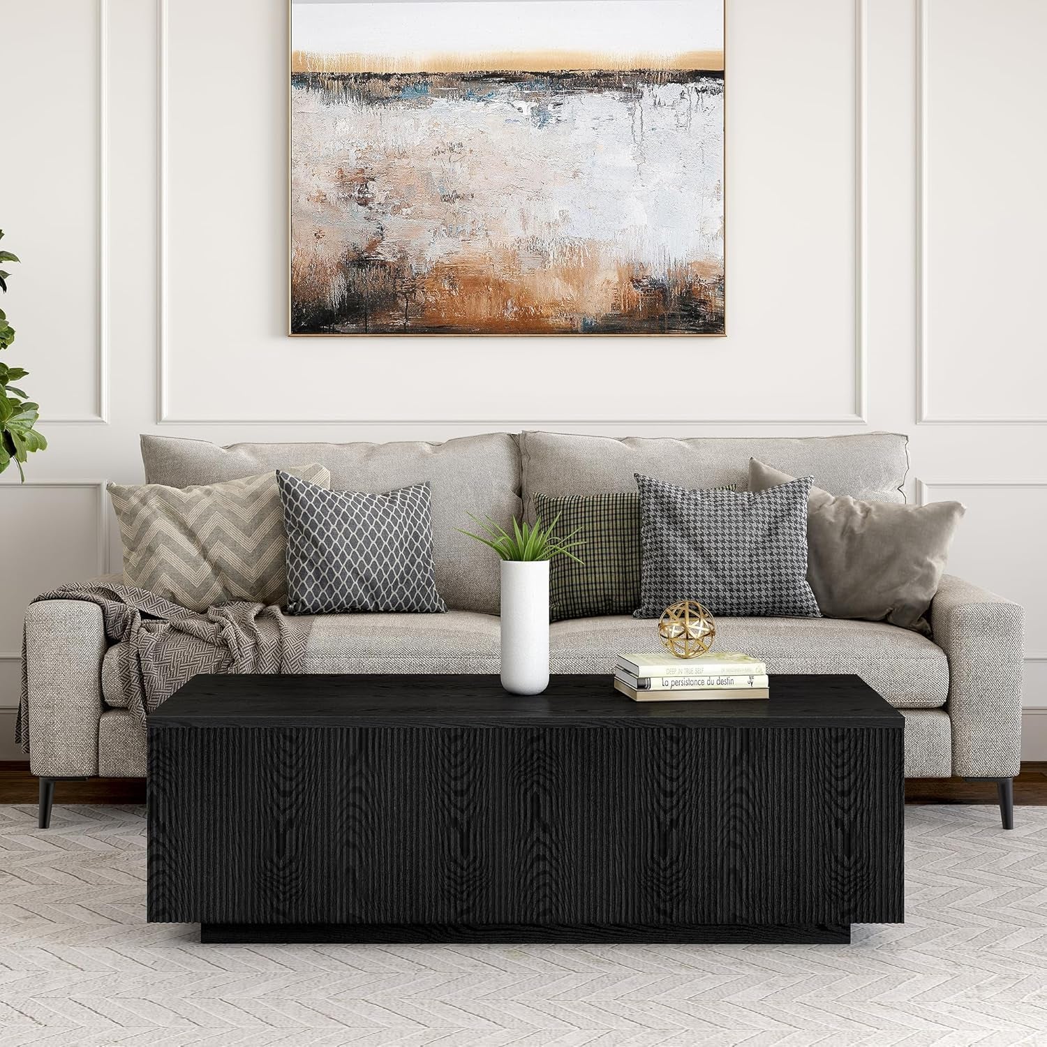 48" Fluted Rectangular Low-Profile Coffee Table for Living Room, Family Room, or Office, Black Grain