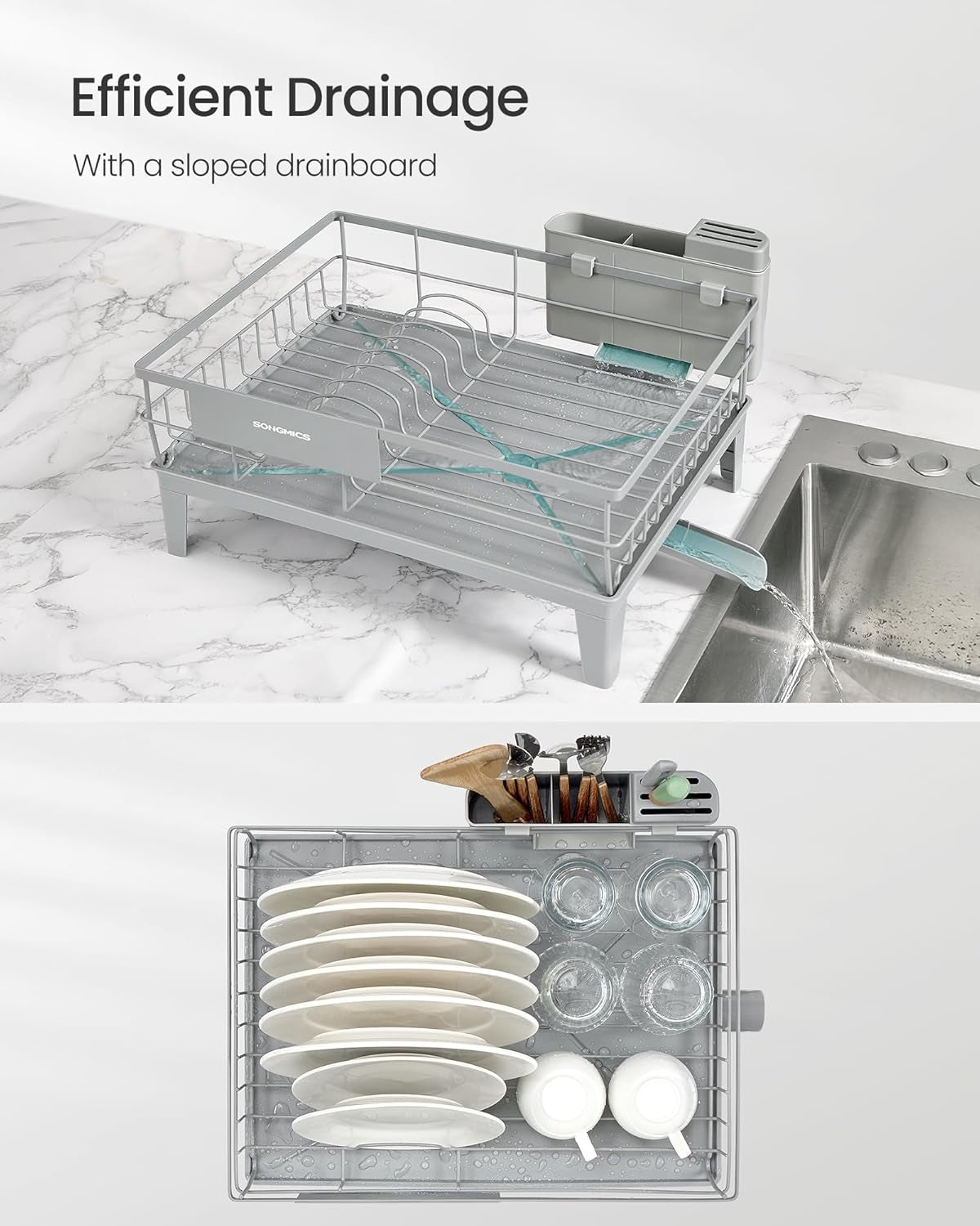 Dish Drying Rack, Kitchen Dish Rack, with Drainboard, 360° Rotatable and Extendable Spout, with Cutlery Holder, 12.2 X 16.5 X 7.3 Inches, Dove Gray UKCS550G01