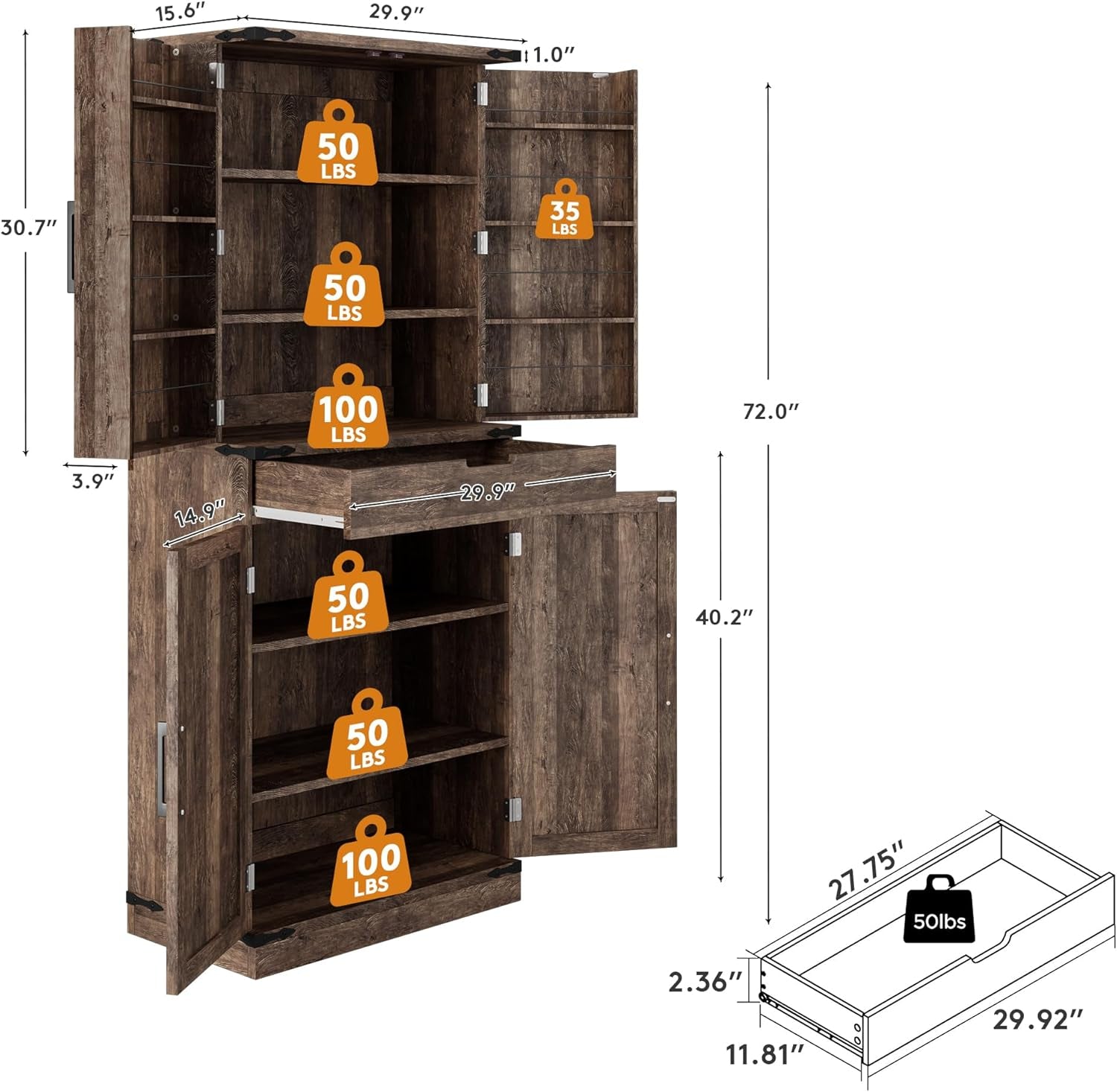 72" Kitchen Pantry Storage Cabinet with Doors and Shelves, Wood Farmhouse Pantry Storage with Barn Doors for Kitchen, Dining Room, Living Room, Dark Brown