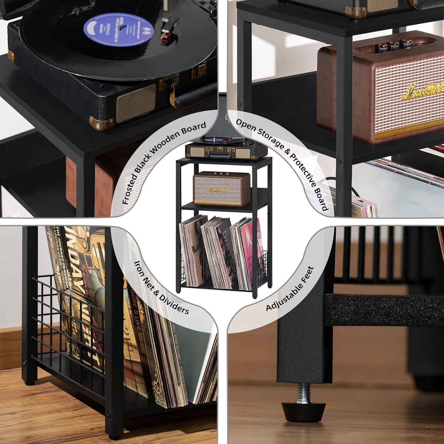 Black End Table, Small Side Table with Metal Frame,Modern Record Player Stand with Storage Shelf, Wood 3 Tier Sofa Bedside Tables, Narrow Nightstand for Living Room Bedroom Office