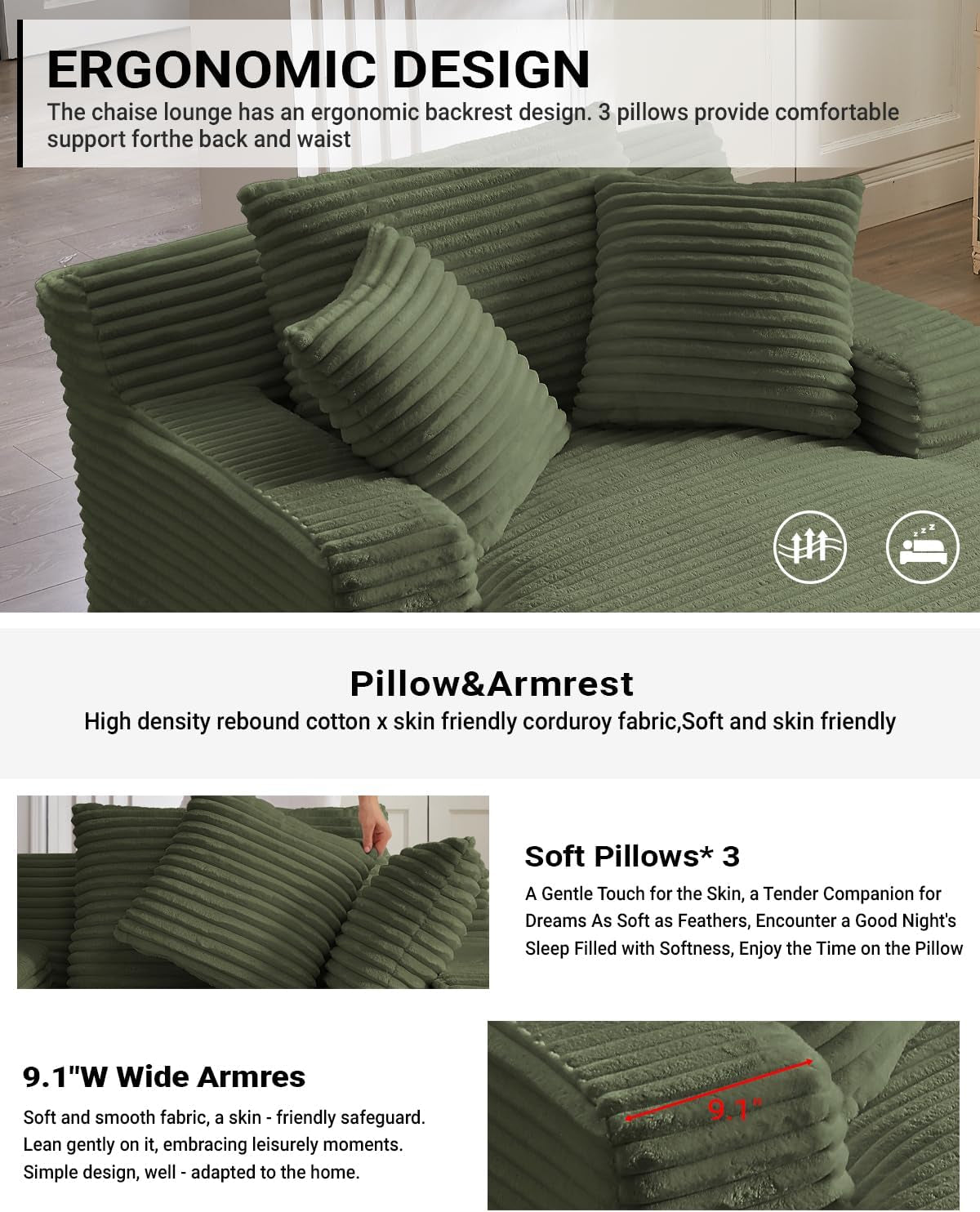 67 Inch Chaise Lounge Chair Indoor, Oversized Corduroy Upholstered Boneless Sofa Bed, Deep Seat Sleeper Couch Reading Chairs, Cloud Sofas Couches for Living Room, No Assembly Required (Olive Green)