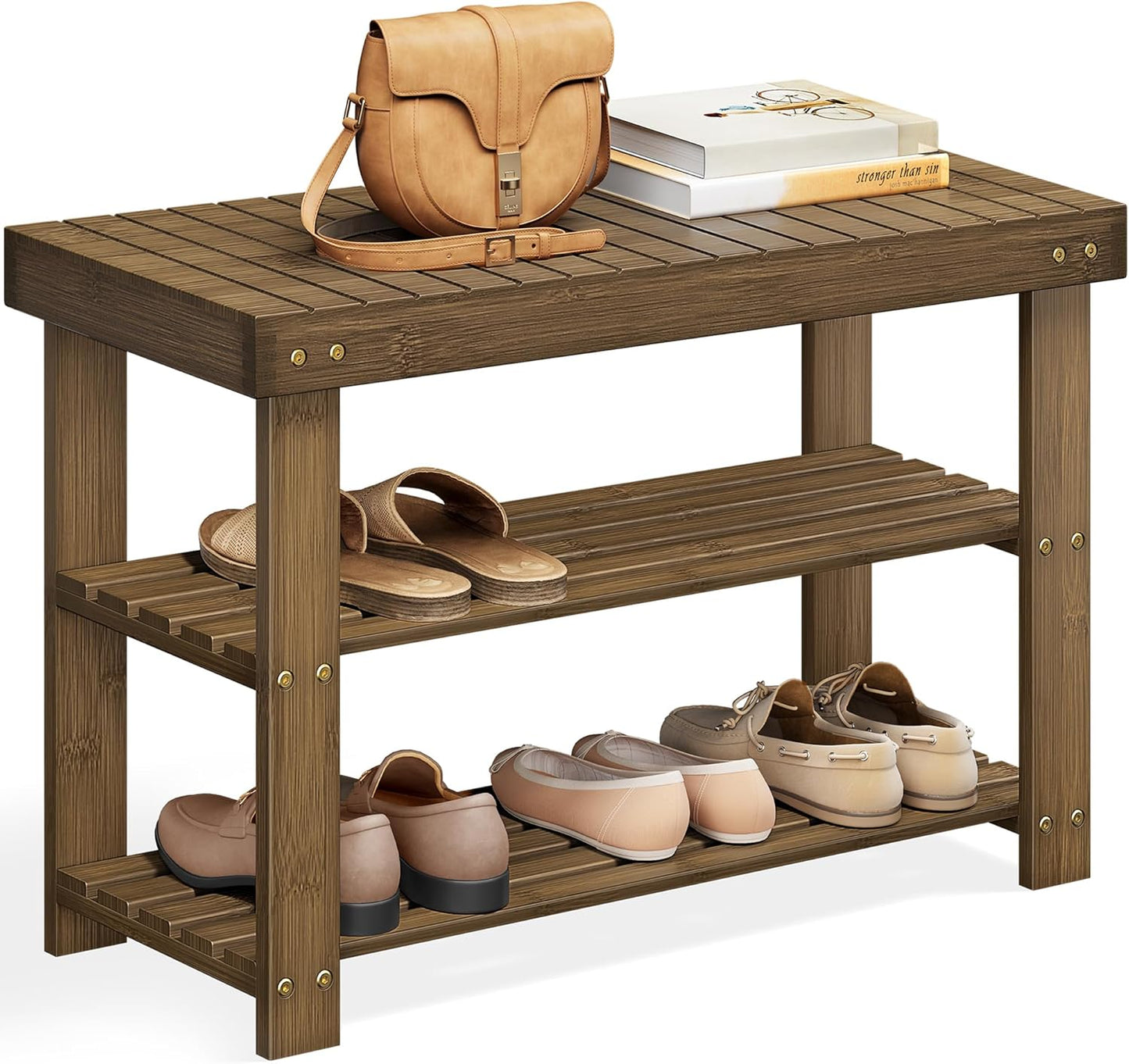 Shoe Rack Bench, 3-Tier Bamboo Shoe Storage Organizer, Entryway Bench, Holds up to 286 Lb, 11.3 X 27.6 X 17.8 Inches, for Entryway Bathroom Bedroom, Ink Black ULBS04H