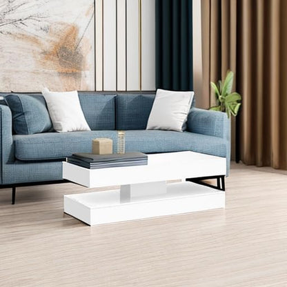 47.3In Large High Glossy LED Coffee Table with 2 Storage Drawers,Black/White Modern Coffee Tables for Living Room,Living Room Tables,App LED Lights (White)
