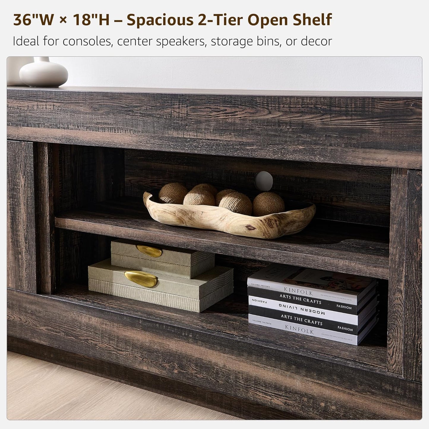 Modern 70" TV Stand, Entertainment Center for Tvs up to 80", Media Console with Large Open Storage & Side Cabinets, Thick Wood Design for Living Room, Dark Rustic Oak