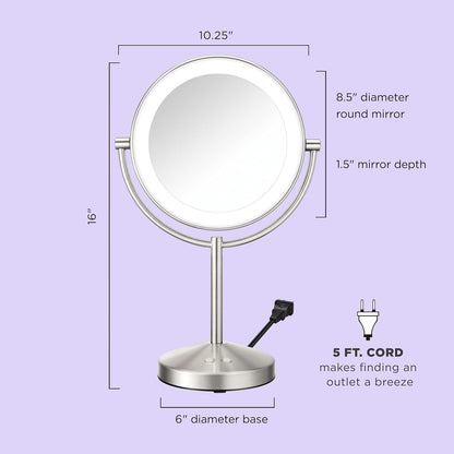 Lighted Makeup Mirror, Double-Sided LED Vanity Mirror with 1X/10X Magnification, 3 Light Settings, 3 Modes, 360° Rotation, Satin Nickel Finish