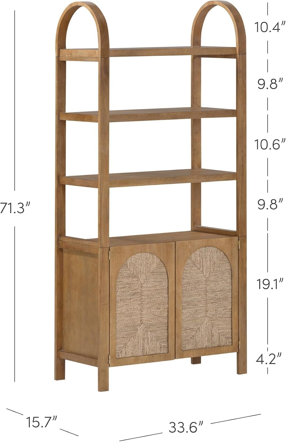 Leah Arched Bookcase, 3-Tier Bookshelf with Storage Cabinet Base, Seagrass Door Fronts and Solid Wood Frame, Light Brown