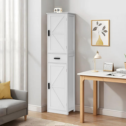 Tall Bathroom Cabinet, Storage Cabinet with 6 Shelves & Drawer, Bathroom Storage Cabinet with Adjustable Shelves, Tall Cabinet for Living Room, Home Office, White