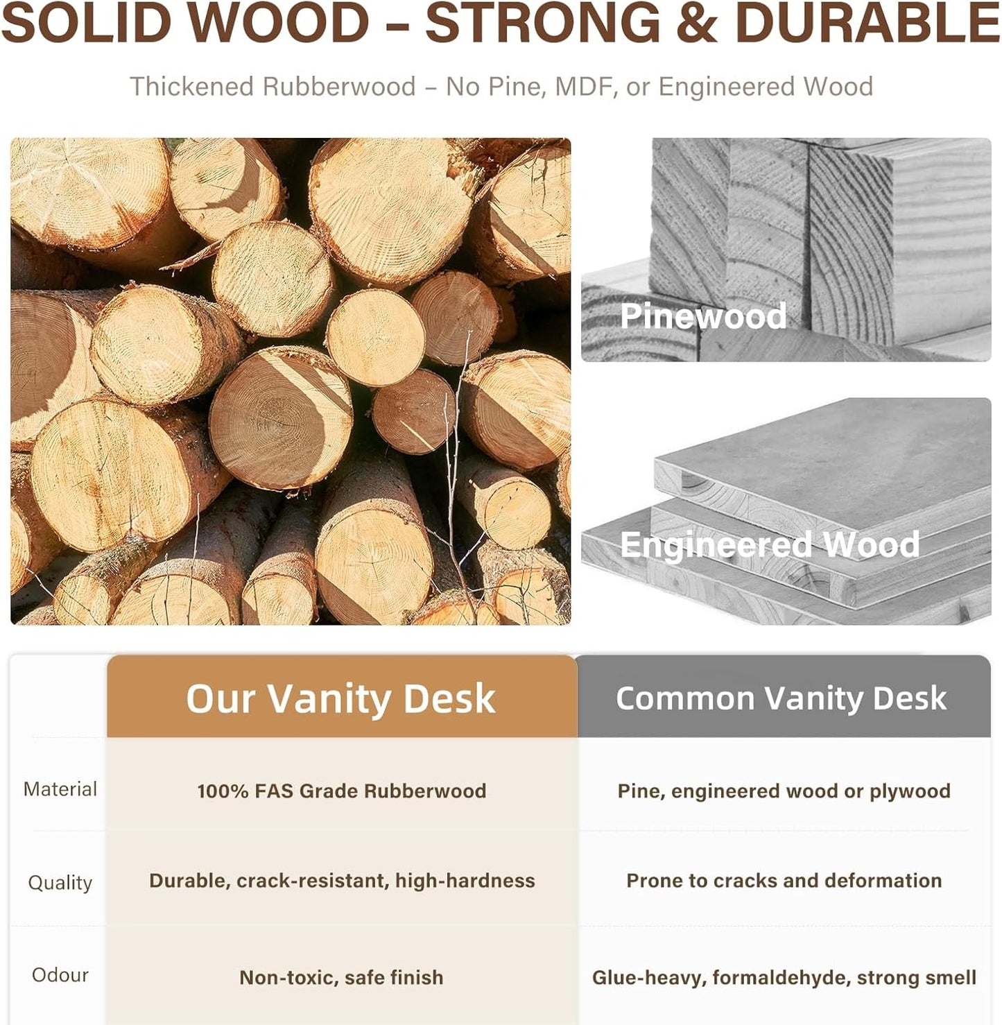 Solid Wood 3 in 1 Vanity Desk with Flip Top Mirror, No Assembly, Compact Vanity with Hidden Chair, Small Makeup Vanity Set with Power Outlet, Dressing Table for Bedroom, Walnut