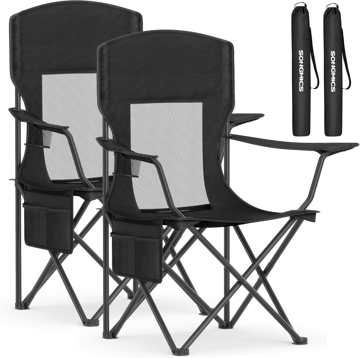 Breathable Camping Chairs, Foldable Outdoor Chairs Set of 2, High Back, Adjustable Armrests, Drink Holder, Weight Capacity 330 Lb, for Sports Garden Backyard, Ink Black UGCB028B02