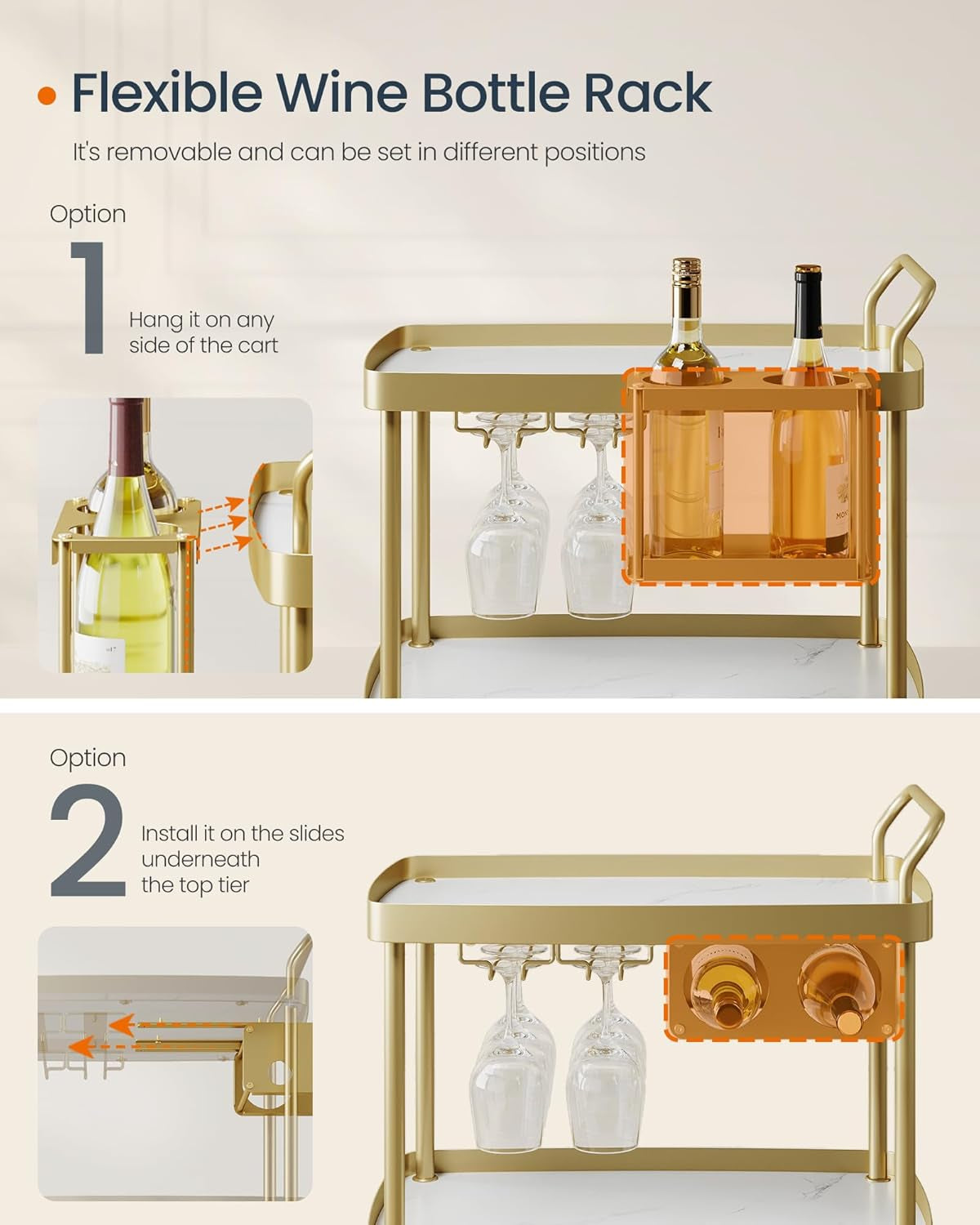 HOME Bar Cart, Home Bar Serving Cart with 3-Tier Shelf, Flexible Wine Bottle Rack and Glass Holder, Drink Beverage Cart, Microwave Cart, Kitchen, Marble White and Pale Gold ULRC291A02