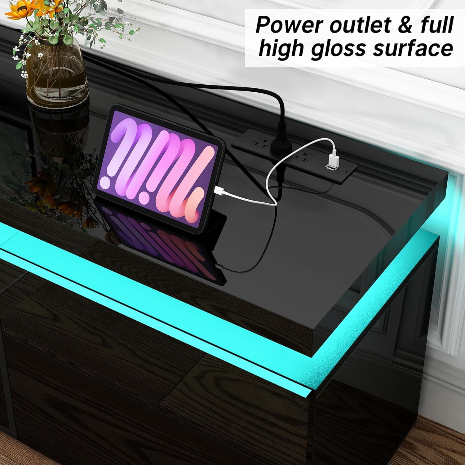 Fireplace TV Stand for 95" TV, 83" LED TV Stand with 40" Electric Fireplace & Power Outlet, High Gloss Surface, 2 Storage Cabinet, Modern Style (83 Inch, Black