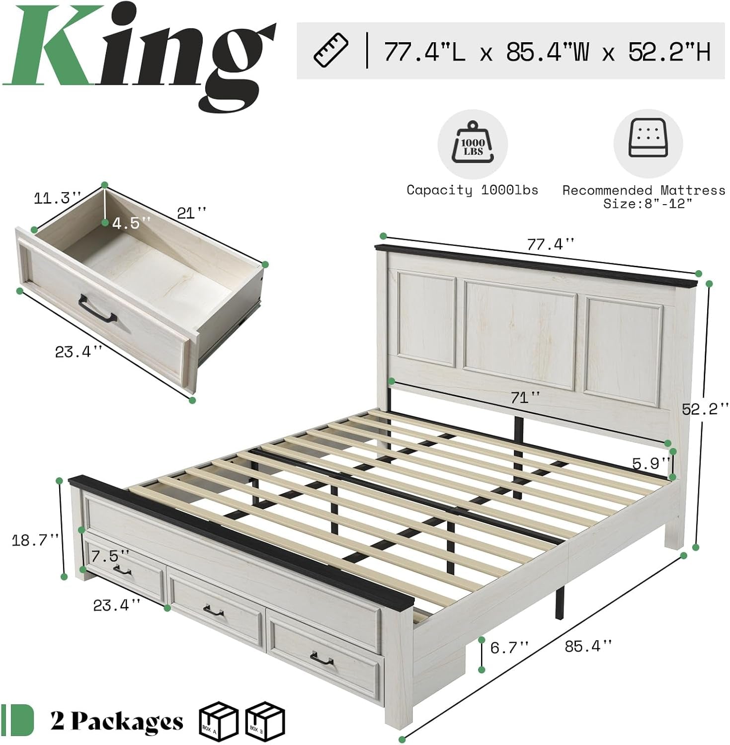 King Size Bed Frame with 52.2" Tall -Panel Headboard & Footboard, Farmhouse Wood Platform Bed Frame with 3 Large Storage Drawers, Noiseless, No Box Spring Needed, Rustic White