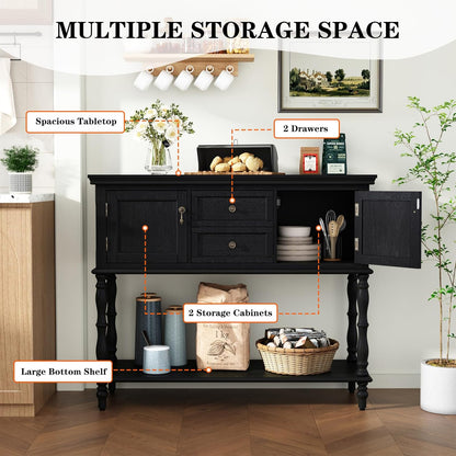 Console Table with 2 Drawers, Retro Entryway Table with 2 Door Cabinets and Open Storage Shelf, Narrow Long behind Couch Sofa Table for Living Room, Foyer, Hallway, Black