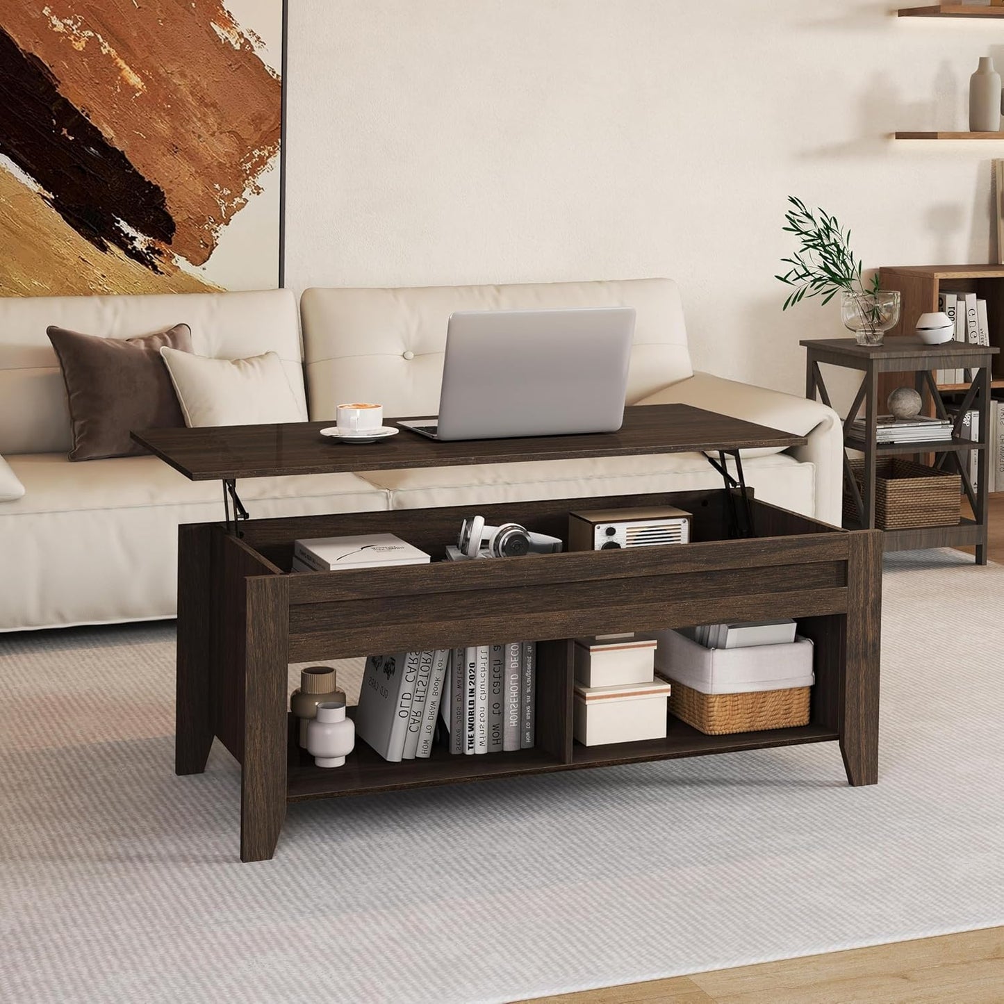 Lift Top Coffee Table with Hidden Storage Compartment & Seperated Lower Shelf, Lift up Coffee Table, Rising Tabletop Dining Table for Living Room, 39.5 in L, Espresso