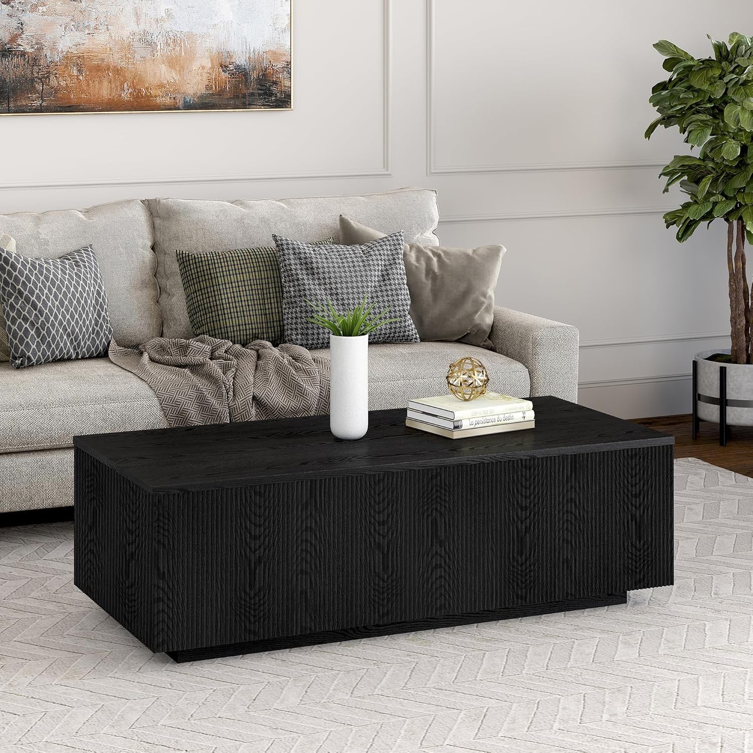48" Fluted Rectangular Low-Profile Coffee Table for Living Room, Family Room, or Office, Black Grain