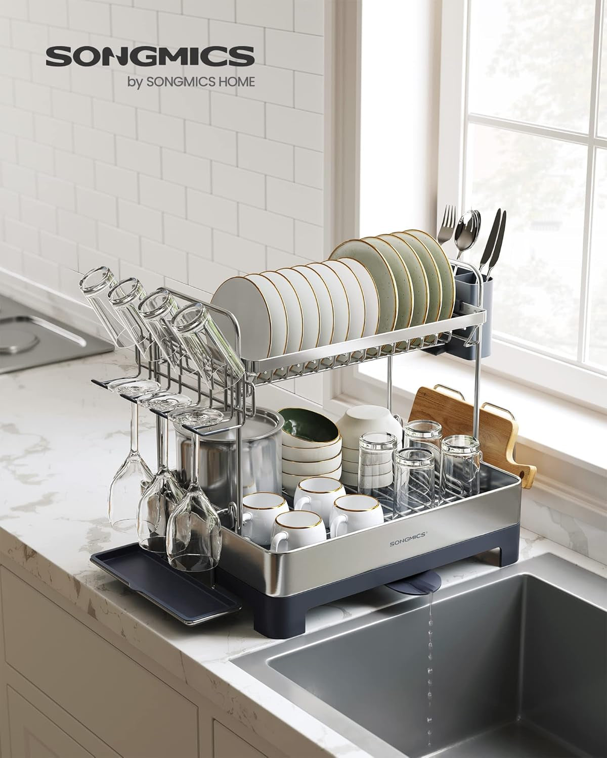 Dish Drying Rack - 2 Tier Dish Rack for Kitchen Counter with Rotatable and Extendable Drain Spout, Dish Drainer with Utensil, Cup, Glass, Cutting Board Holders, Silver and Gray UKCS032E01