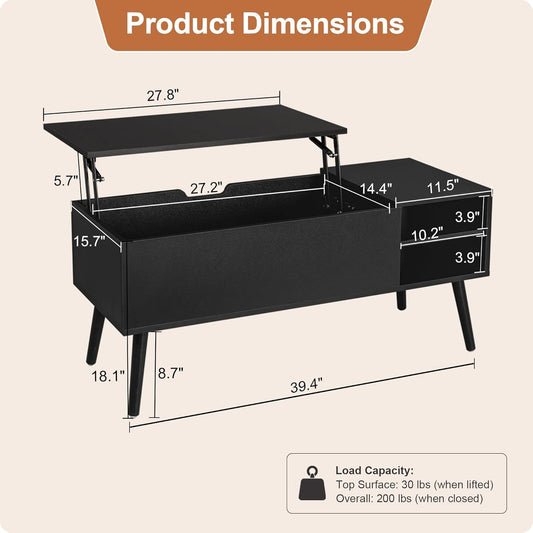 Black Lift Top Coffee Table with Hidden Storage Compartment, Solid Wood Legs & Open Shelves - 40" Pop up Coffee Tables for Living Room