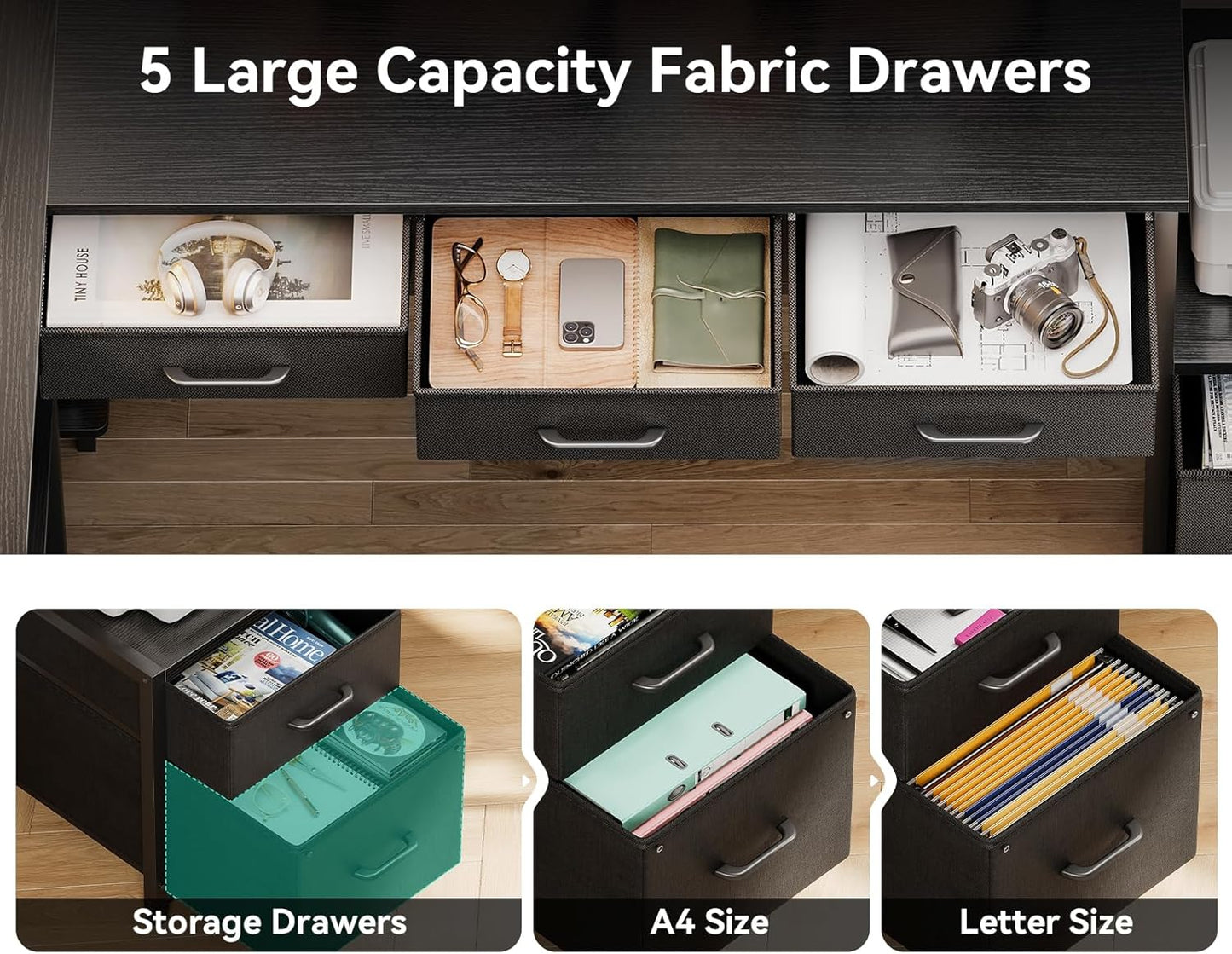 79 Inch L Shaped Desk with 5 Drawers, Reversible L Shaped Gaming Desk with LED Light & 2 Power Outlets, Computer Desk with Storage Shelves for Home Office, Black