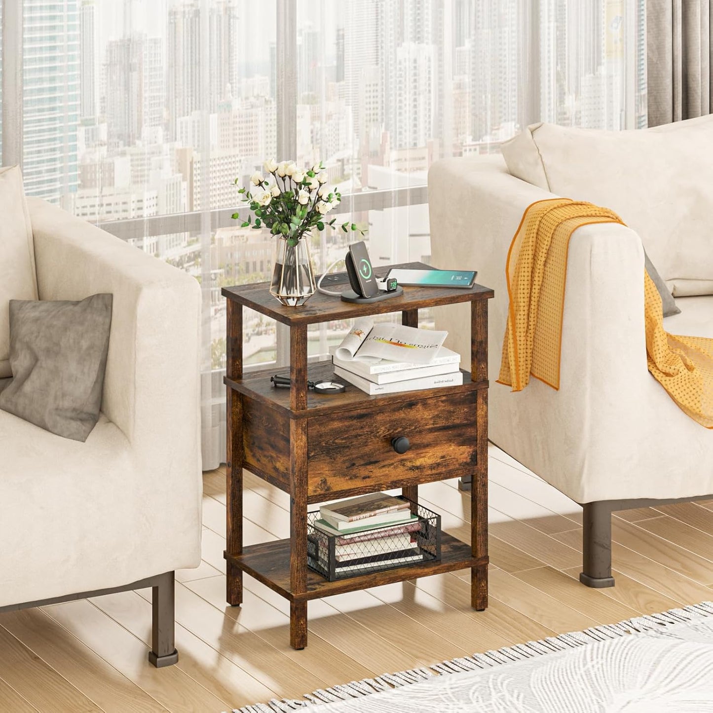 Nightstand with Charging Station and USB Ports, 3-Tier Storage End Table with Drawer Shelf, Night Stand for Small Spaces, Wood Bedside Table for Living Room, Bedroom - Retro Brown…