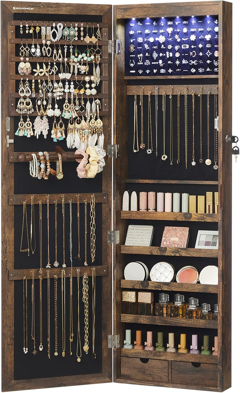 6 Leds Mirror Jewelry Cabinet, 47.2-Inch Tall Lockable Wall or Door Mounted Jewelry Armoire Organizer with Mirror, 2 Drawers, 3.9 X 14.6 X 47.2 Inches, White UJJC93W