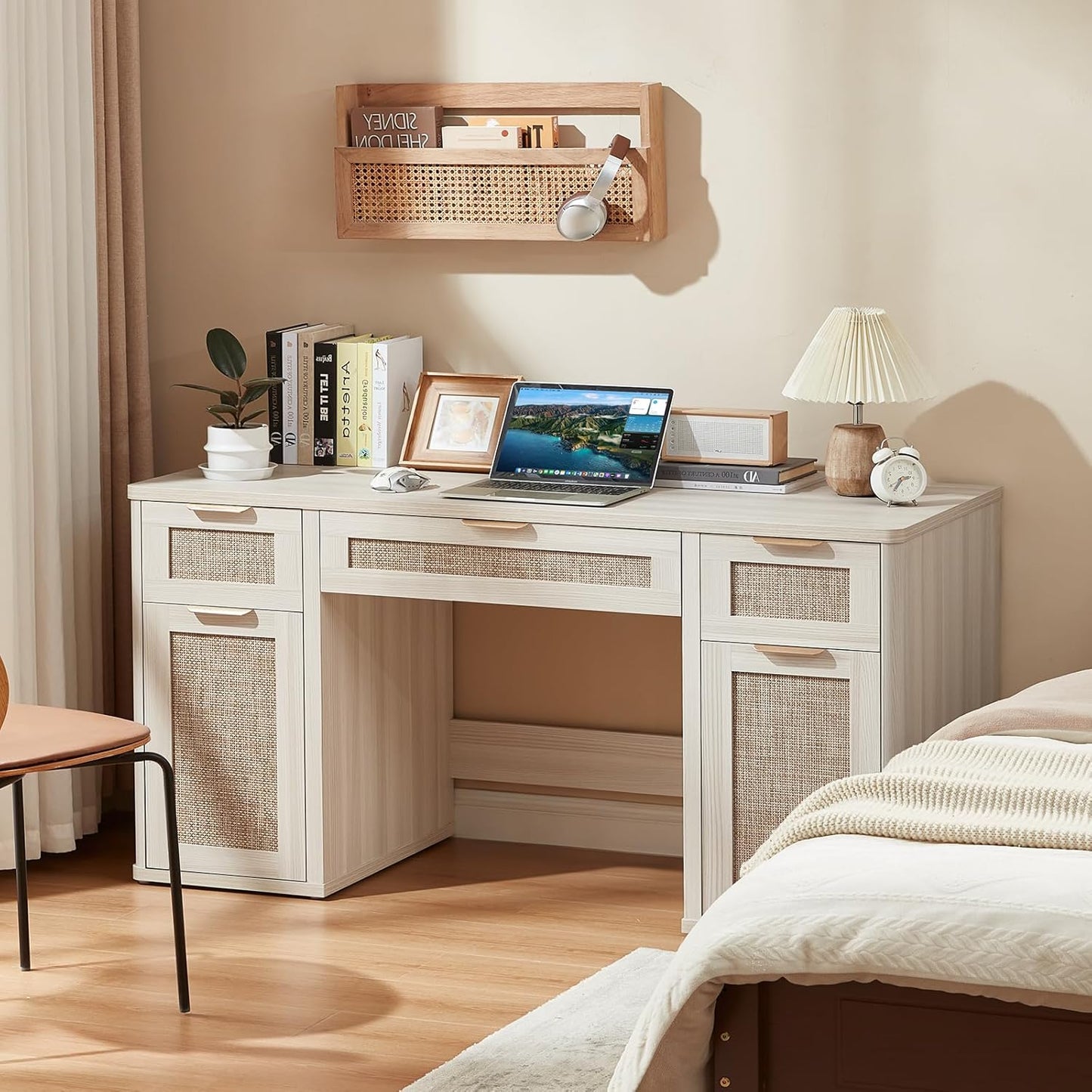 56'' Rattan Farmhouse Executive Desk with Drawers, Wood Home Office Desk with File Cabinet and Metal Handles, Large Vintage Computer Desk for Home, Bedroom, Living Room （Grey）