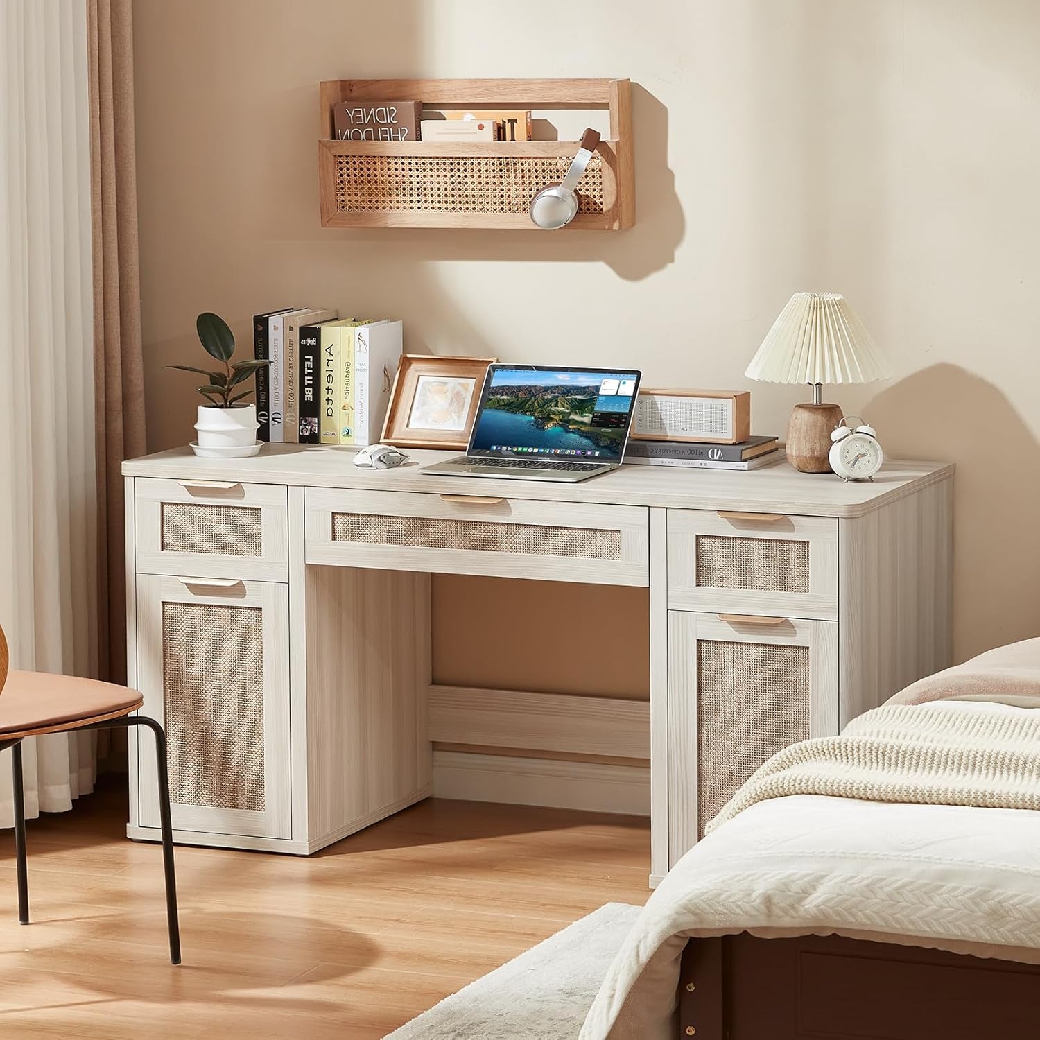 56'' Rattan Farmhouse Executive Desk with Drawers, Wood Home Office Desk with File Cabinet and Metal Handles, Large Vintage Computer Desk for Home, Bedroom, Living Room （Grey）