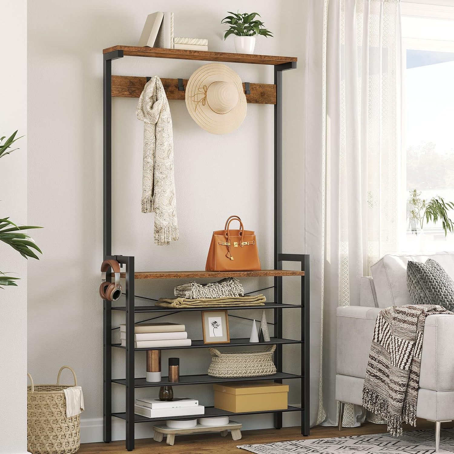 Hall Tree with Bench, Coat Rack with Shoe Storage, Shoe and Coat Rack, 5-Tier Entryway Shoe Storage, 5 Hooks, for 12-16 Pairs, Industrial, Hallway, Foyer, Mudroom, Rustic Brown BF74MT01