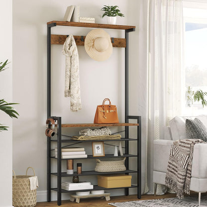 Hall Tree with Bench, Coat Rack with Shoe Storage, Shoe and Coat Rack, 5-Tier Entryway Shoe Storage, 5 Hooks, for 12-16 Pairs, Industrial, Hallway, Foyer, Mudroom, Rustic Brown BF74MT01