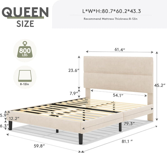 Queen Size Platform Bed Frame with Velvet Headboard, Adjustable Height Wooden Slats Support, Upholstered Mattress Foundation, Fits Mattress or Mattress with Box Spring, Easy Assembly, Beige