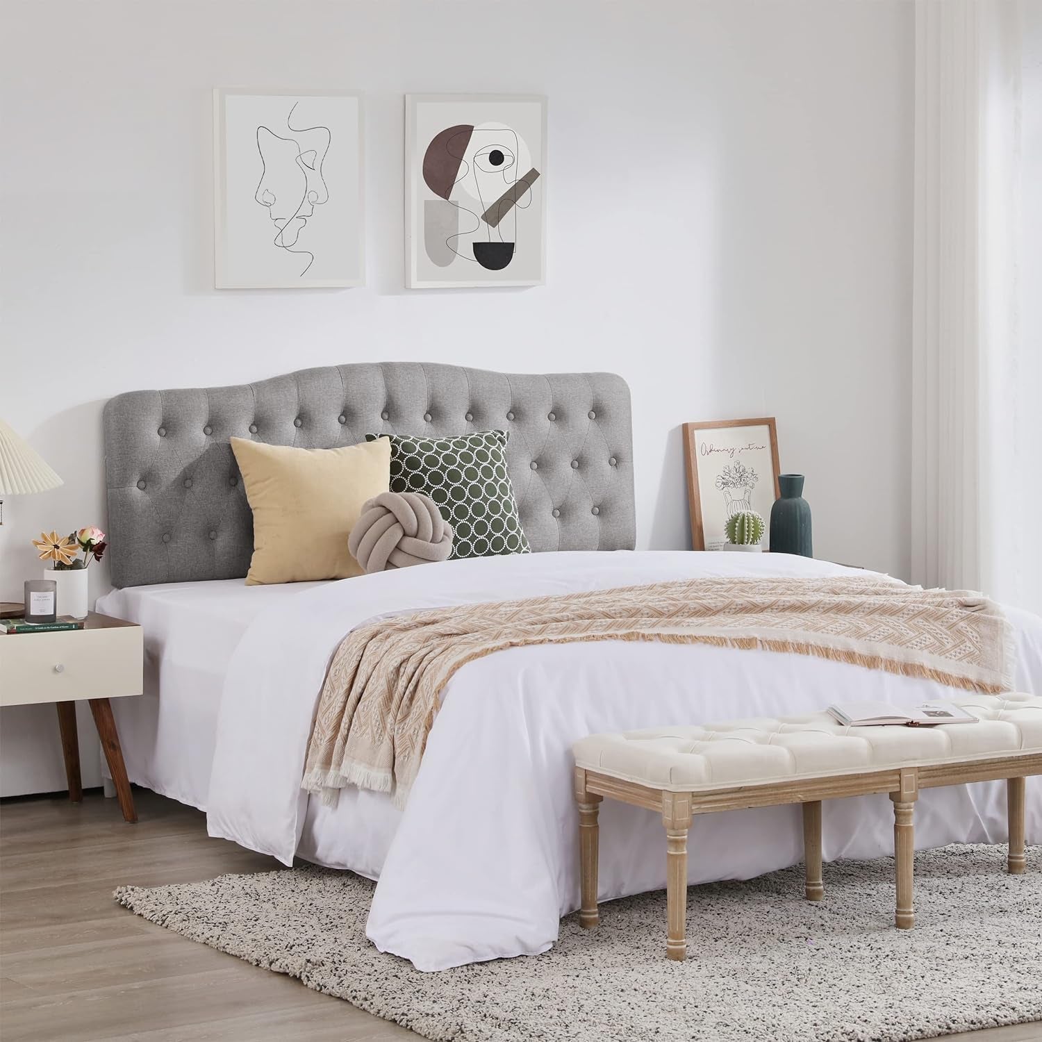 Upholstered Queen Headboard, Button Diamond Tufted Headboard with Adjustable Height and Solid Wood Leg, Linen Fabric Padded Headboards for Queen Size Bed, Mordern Head Board, Grey