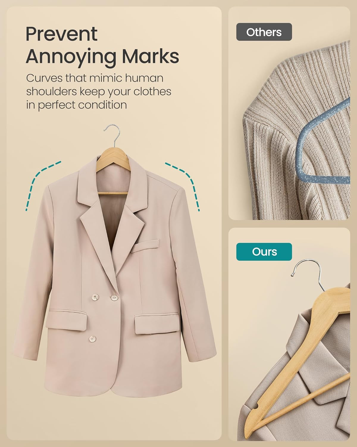 Wooden Hangers, Pack of 30, Coat Hangers, Pants Bar, 360° Swivel Hooks, Solid Birch Wood, Space Saving, for Jackets, Shirts, Coats, Natural Beige UCRW030K01