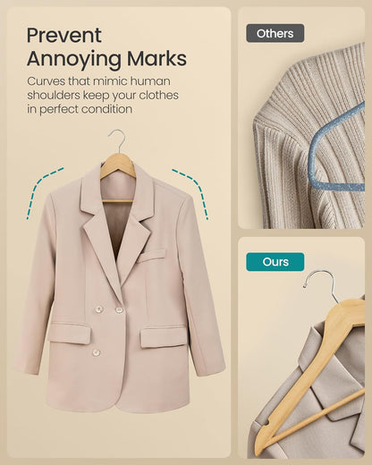 Wooden Hangers, Pack of 30, Coat Hangers, Pants Bar, 360° Swivel Hooks, Solid Birch Wood, Space Saving, for Jackets, Shirts, Coats, Natural Beige UCRW030K01